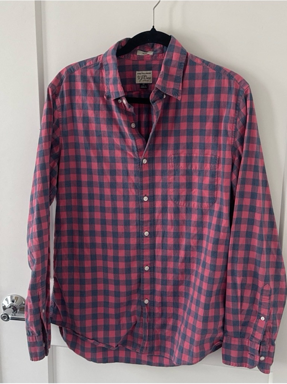 J. Crew Pink and Navy Check Long-Sleeve Button-Down Shirt